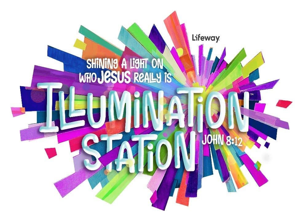 The Illumination Station VBS theme artwork, bright coloured shards around the words Shining a light on who Jesus really is, John 8:12